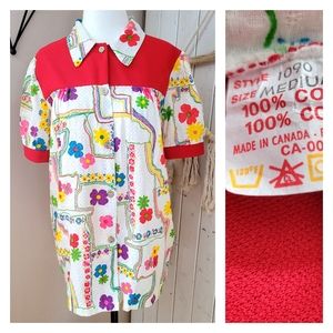 VINTAGE 70's FLORAL CANADIAN MADE BUTTON UP FLORAL SHORT SLEEVE, small